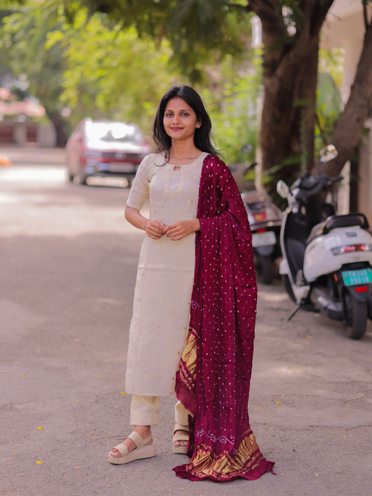 AK104 - Cosmos Silk Kurti Set with Purple Bandhej Dupatta