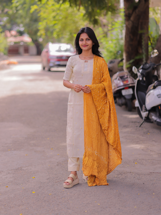 AK106 - Cosmos Silk Kurti Set with Yellow Bandhej Dupatta