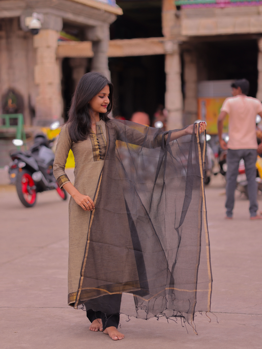 AK110 - Gray Mangalagiri with Temple Border Kurti Set