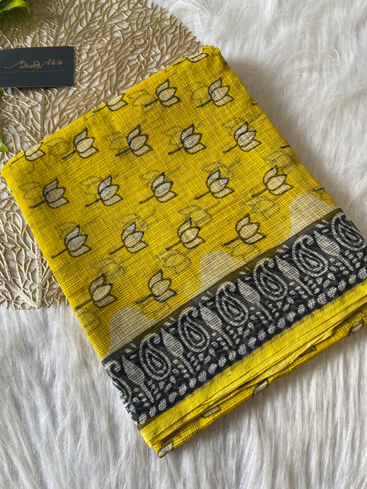 AKD115 - Kota doria - Yellow with white Lotus motif