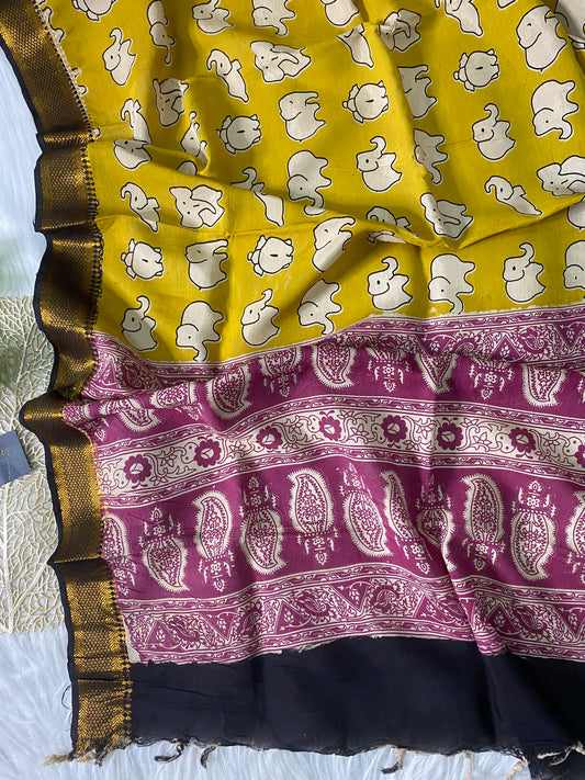AD110 - Mustard elephant print chennuri silk dupatta