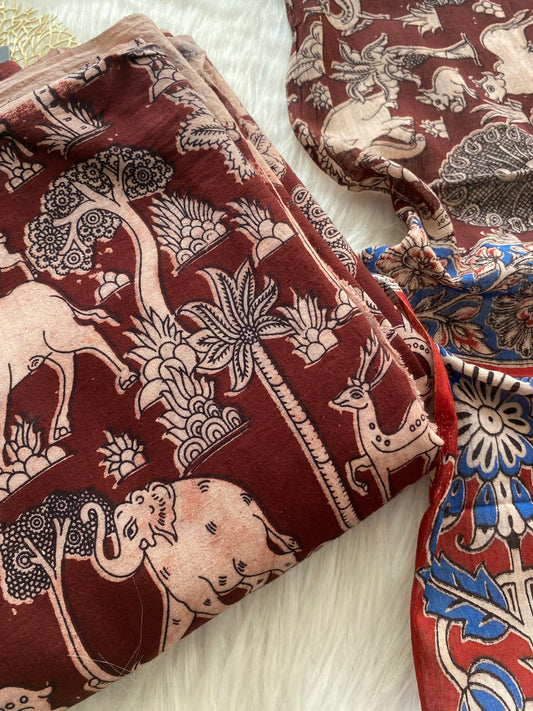 AC128- Coffee brown cotton bottom and dupatta kalamkari dress material