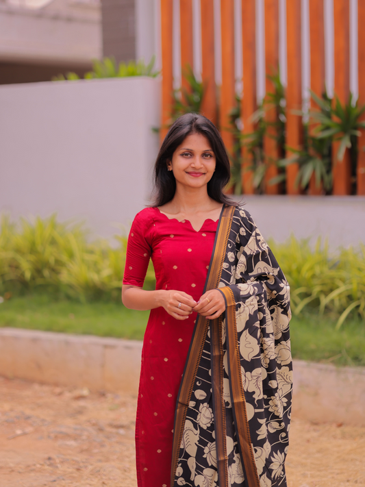 AK103 - Red Silk Cotton Kurti with Black with Beige Penkalamkari Dupatta