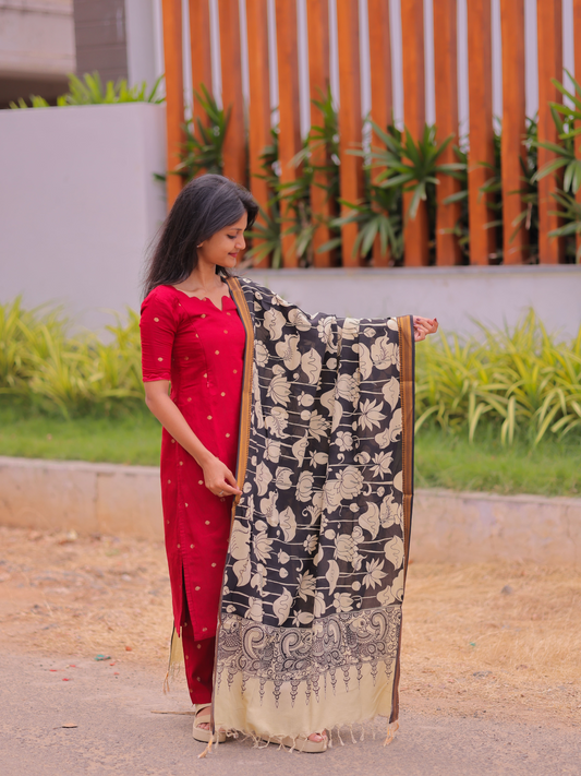 AK103 - Red Silk Cotton Kurti with Black with Beige Penkalamkari Dupatta