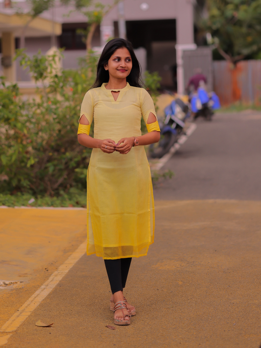 AK108 - Yellow Kota Doria Kurti