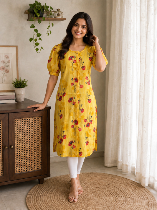 AK130 - Yellow floral mul cotton kurti