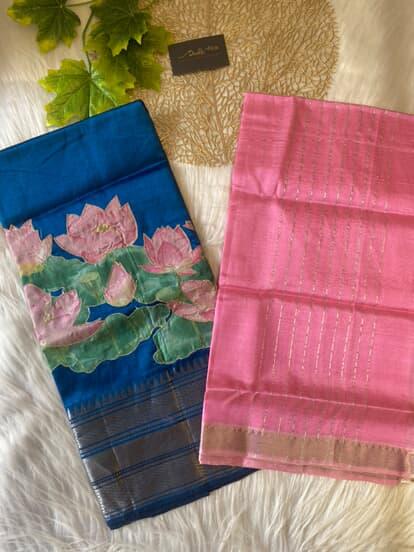 AMG104 - Blue with Pink Mangalagiri Salwar with lotus applique work