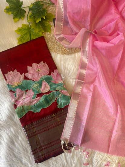 AMG103 - Maroon with Pink Mangalagiri Salwar with lotus applique work