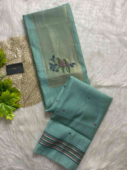 AL105 - Handwoven paithani linen jamdani with parrot motif - Blue