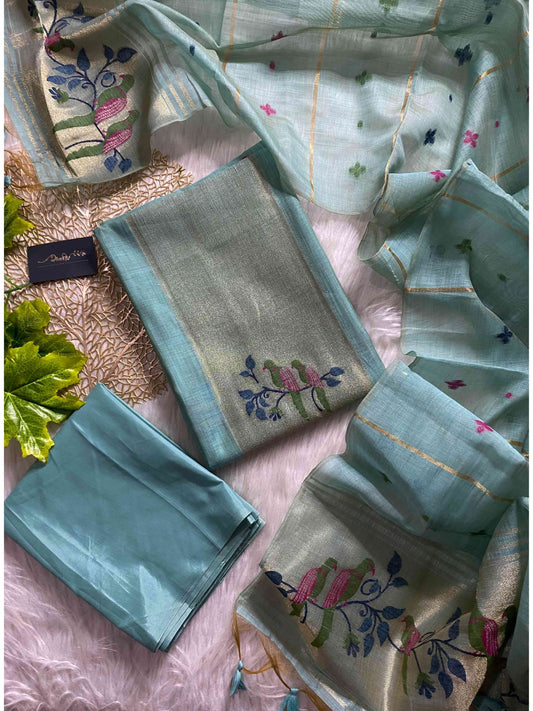 AL105 - Handwoven paithani linen jamdani with parrot motif - Blue