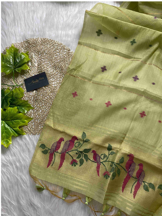 AL104 - Handwoven paithani linen jamdani with parrot motif - Pista green