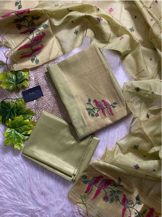 AL104 - Handwoven paithani linen jamdani with parrot motif - Pista green