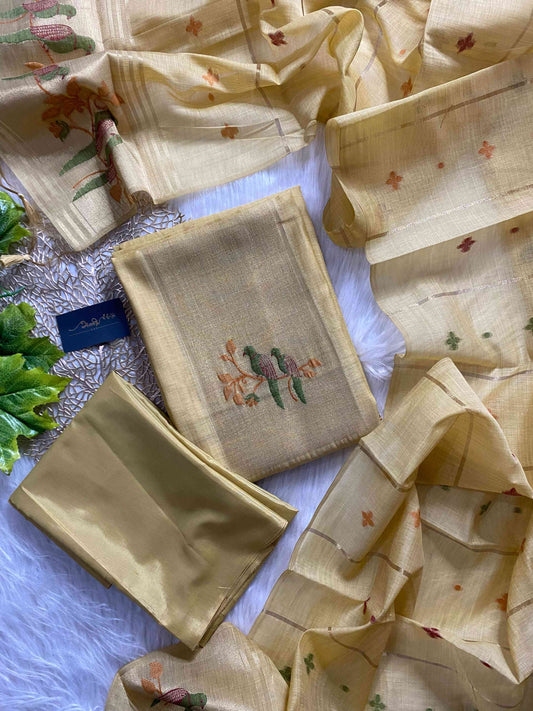 AL103 - Handwoven paithani linen jamdani with parrot motif - Yellow