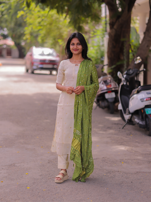 AK105 - Cosmos Silk Kurti Set with Olive Green Bandhej Dupatta