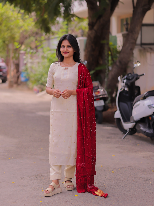 AK112 - Cosmos Silk Kurti Set with Red Bandhej Dupatta