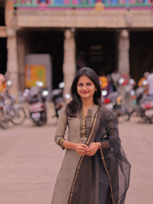 AK110 - Gray Mangalagiri with Temple Border Kurti Set