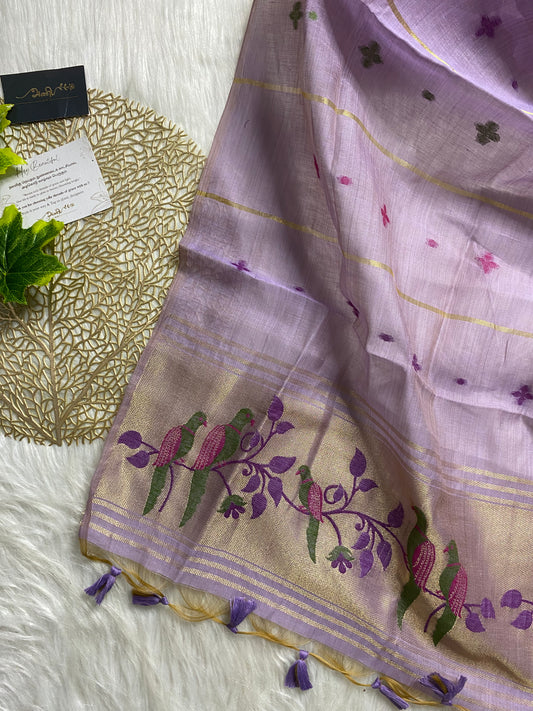 AL112 - Paithani linen jamdani with parrot motif - Lavender