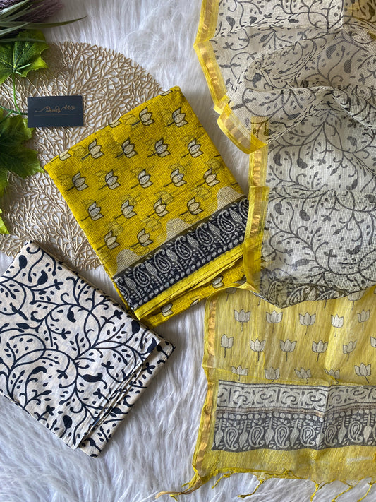 AKD115 - Kota doria - Yellow with white Lotus motif