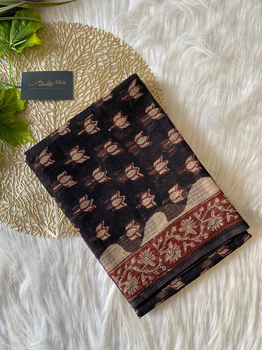 AKD116 - Kota doria - Black with white Lotus motif