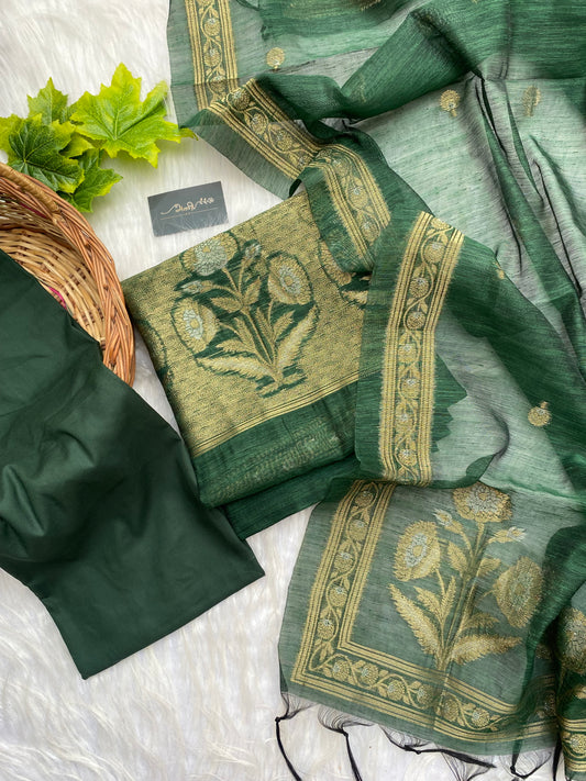 AL109 - Handwoven linen jamdani with floral motif - Bottle green