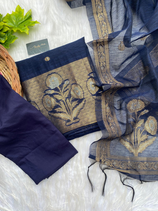 AL106 - Handwoven linen jamdani with floral motif - Navy