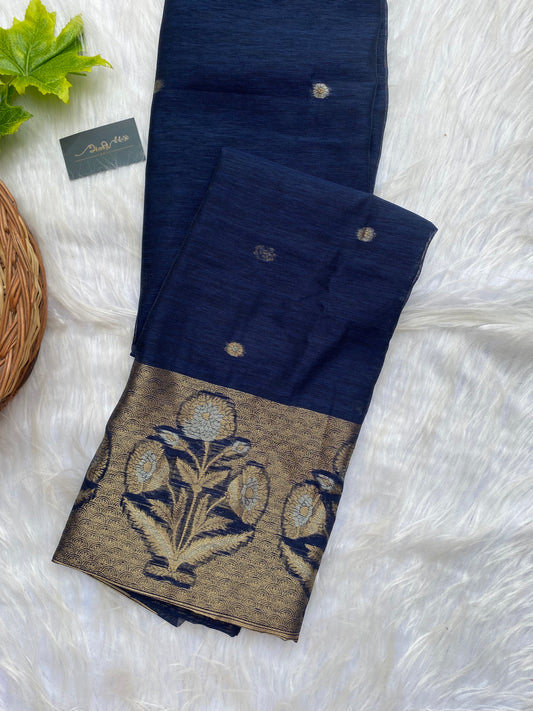 AL106 - Handwoven linen jamdani with floral motif - Navy
