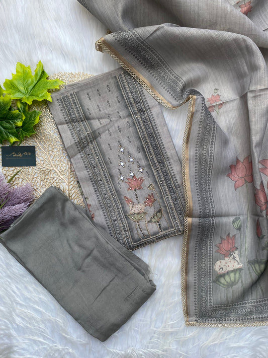 ATU103 - Tussar salwar with lotus motif - Grey