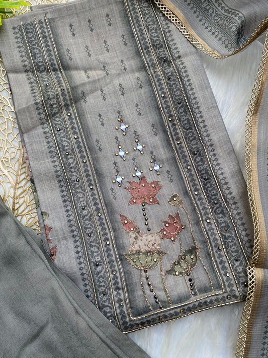 ATU103 - Tussar salwar with lotus motif - Grey