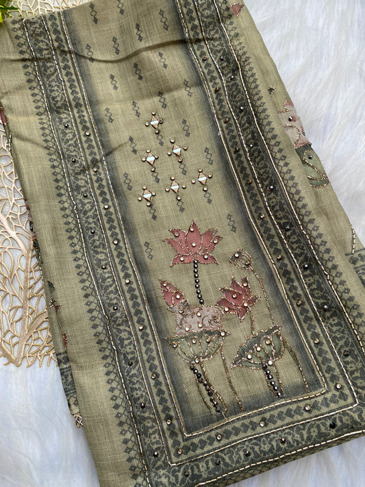 ATU104 - Tussar salwar with lotus motif - Green