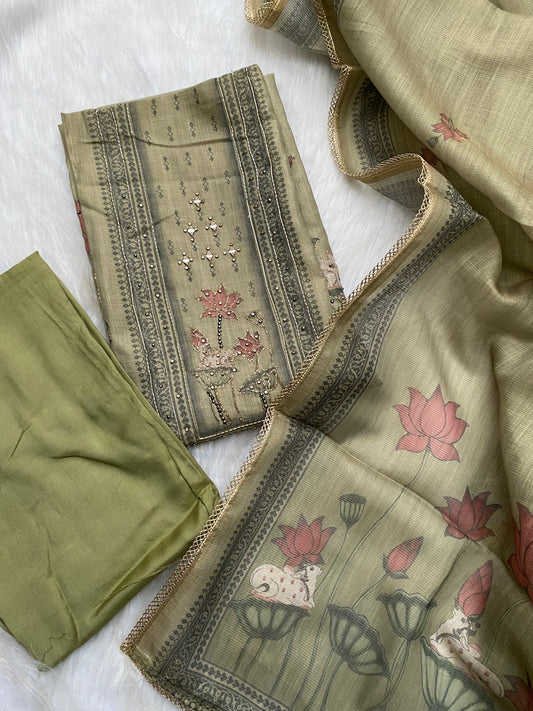 ATU104 - Tussar salwar with lotus motif - Green
