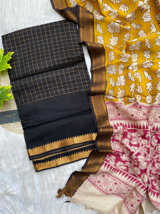 AMG106 - Black checks Mangalagiri Salwar with elephant printed dupatta