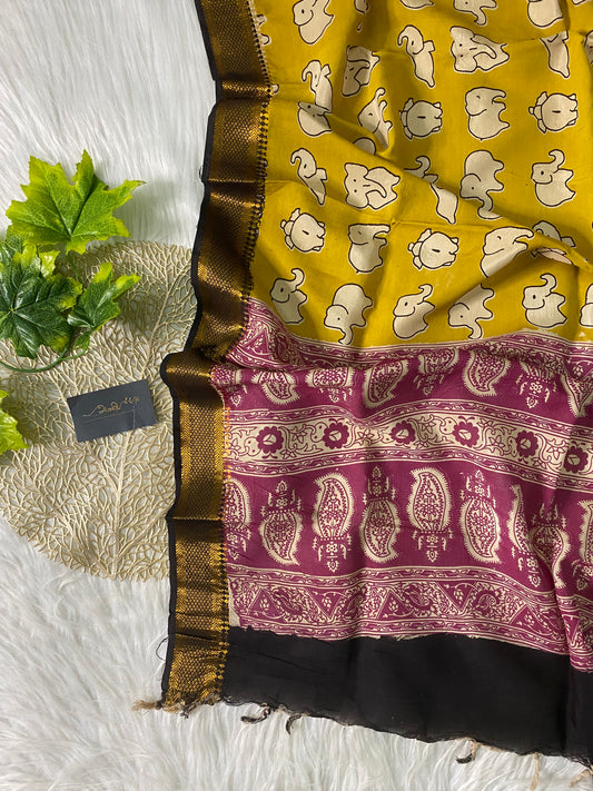 AD110 - Mustard elephant print chennuri silk dupatta
