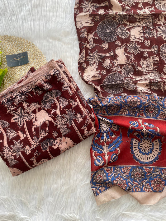 AC128- Coffee brown cotton bottom and dupatta kalamkari dress material