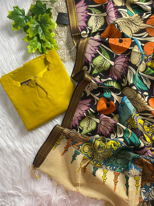 AK113 - Shimmer muslin kurti with Multi colour Penkalamkari Dupatta