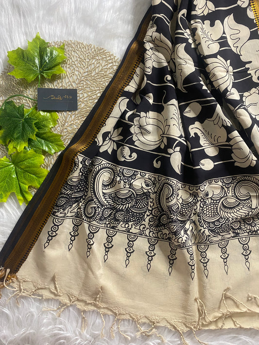 AD105 - Black and Beige Pen Kalamkari dupatta