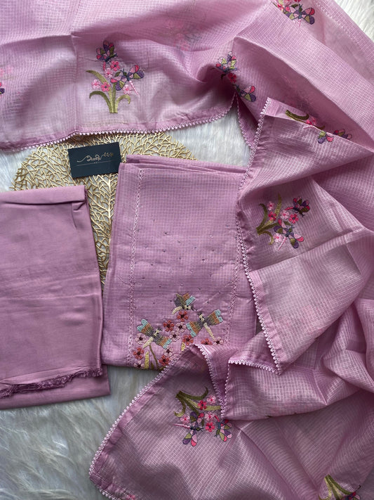 AKD102 - Mauve kota doria salwar material with garden themed embroidery