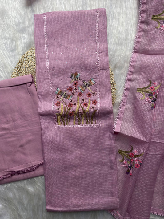 AKD102 - Mauve kota doria salwar material with garden themed embroidery