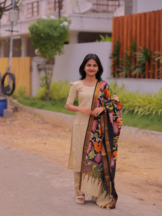 AK102 - Silk Cotton Kurti with Multi Colour Penkalamkari Dupatta