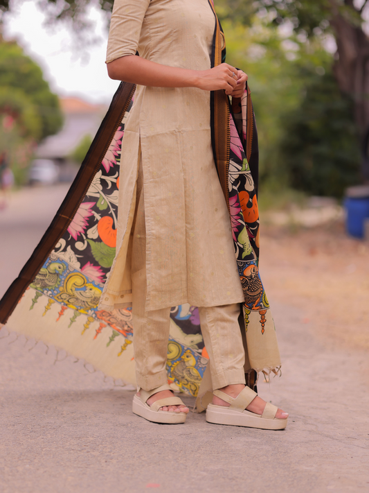 AK102 - Silk Cotton Kurti with Multi Colour Penkalamkari Dupatta