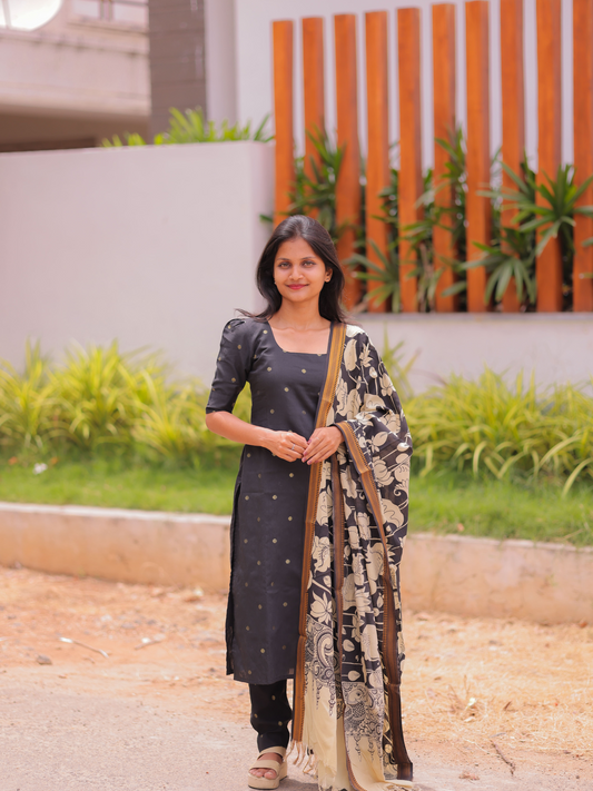 AK101 - Silk Cotton Kurti with Black with Beige Penkalamkari Dupatta