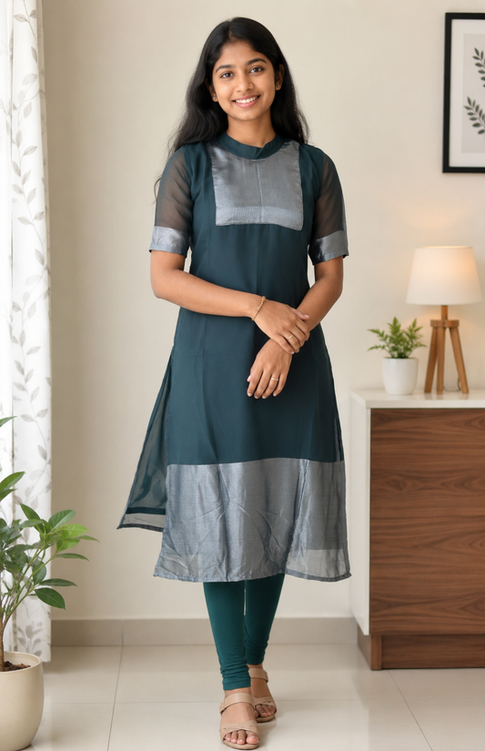 AK137 - Bloom - Georgette Bottle green kurti